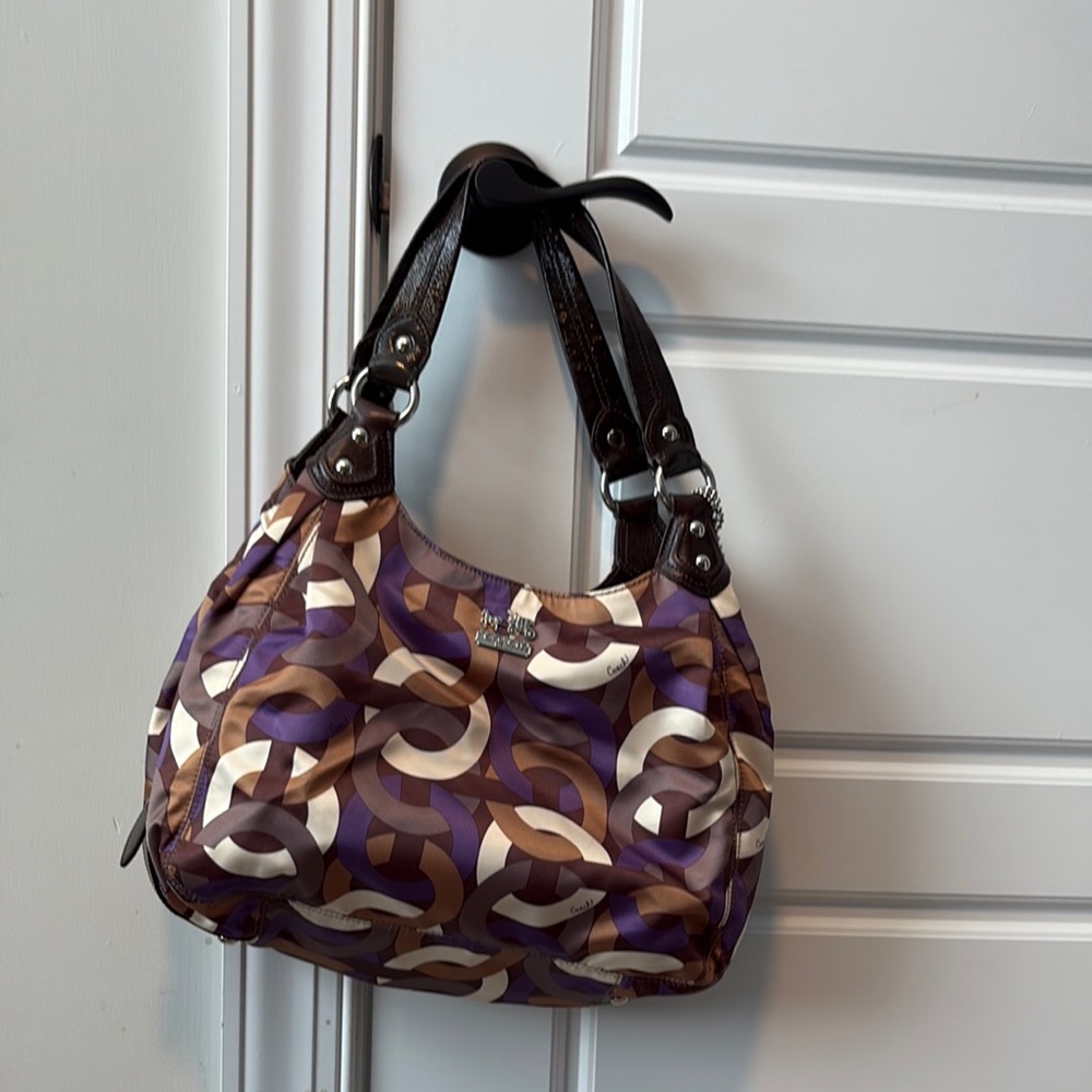 Coach Purple and Brown Shoulder Bag with Geometric Design
